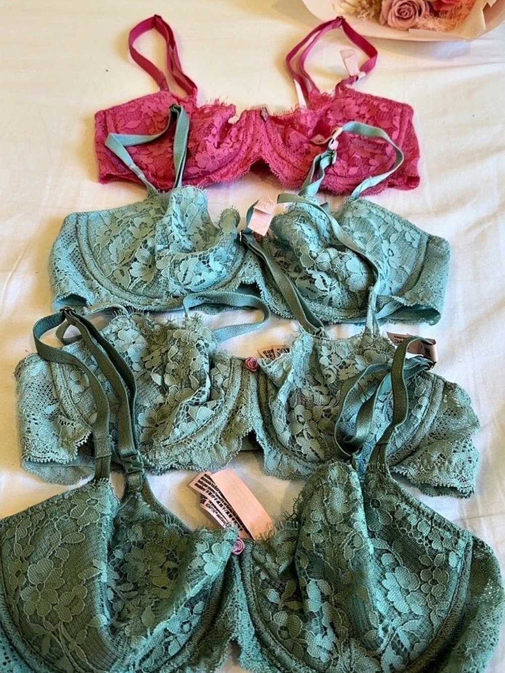 Victoria's Secret Lace Bras in Green & Pink 34C